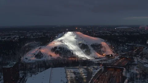 Aerial drone view over Farsta in Stockholm at night 動画素材 111352362