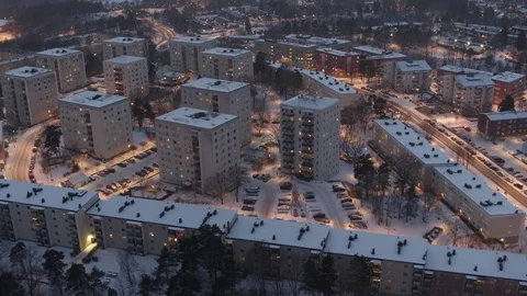 Aerial drone view over Farsta in winter at night Vídeo Stock 111352367