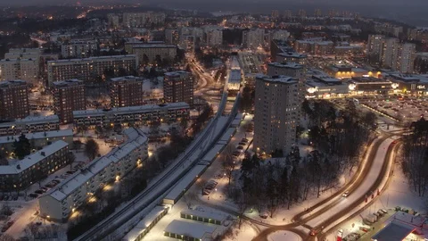 Aerial drone view over Farsta in winter at night 動画素材 111352374