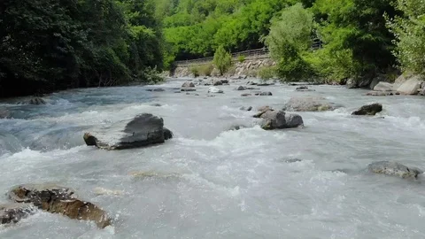 Aerial drone view over a fast mountain river. Stock Footage 114748632