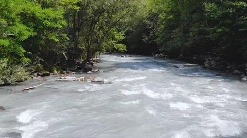 Aerial drone view over a fast mountain river. Stock Footage 114748873