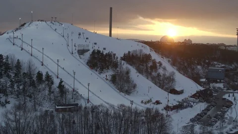 Aerial drone view over Hammarbybacken in Stockholm at sunset Vidéo 111352353