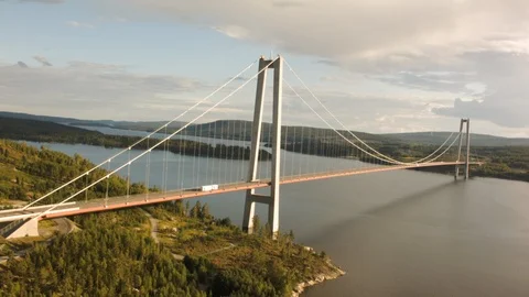 Aerial drone view over High coast bridge in Kramfors Stock Footage 109456646