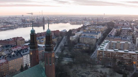 Aerial drone view over Högalid in Stockholm at sunset Stock Footage 109434455