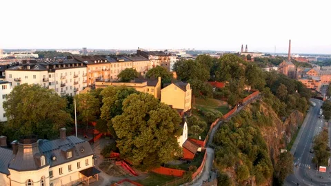 Aerial drone view over Ivar Lo park in Stockholm at sunset 動画素材 109451230