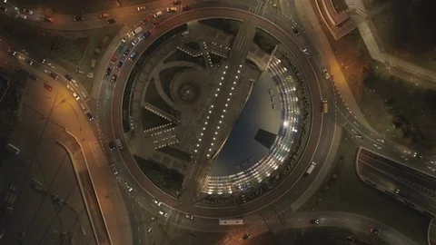 Aerial drone view over Katowice roundabout interchange station top down at night Stock Footage 104596844