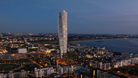 Aerial drone view over Malmö at night Stock Footage 109443236