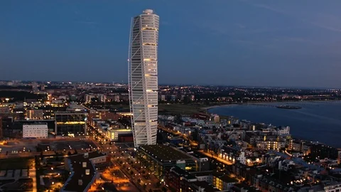 Aerial drone view over Malmö at night Stock Footage 109443406