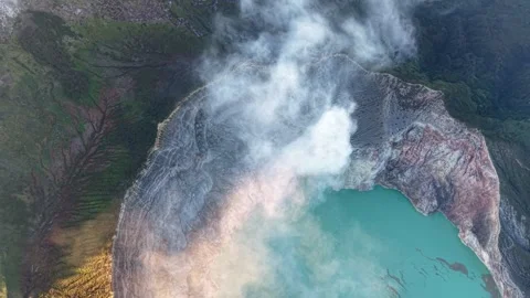 Aerial Drone View Over Mount Ijen Crater Lake Stock Footage 346254533