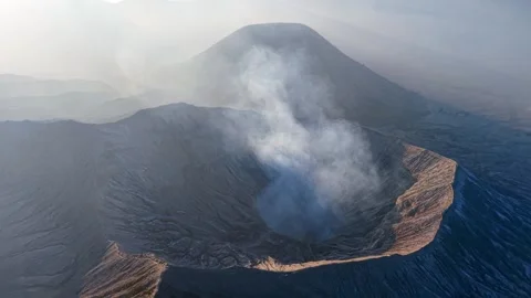 Aerial Drone View Over Mount Bromo Smoking Crater Stock Footage 346916257