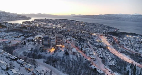 Aerial drone view over Narvik in winter at night Vídeo Stock 110013844