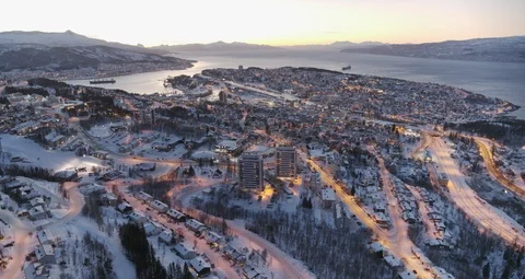 Aerial drone view over Narvik in winter at night 動画素材 110016996