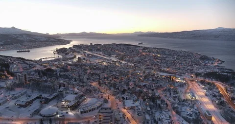 Aerial drone view over Narvik in winter at night 動画素材 111351845