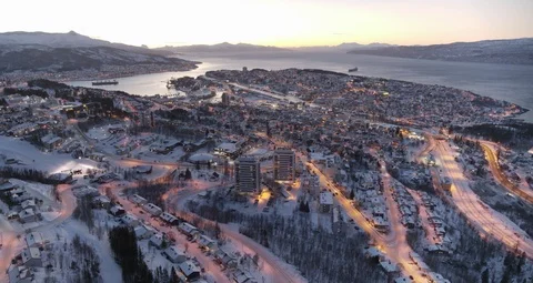 Aerial drone view over Narvik in winter at night 動画素材 111351859