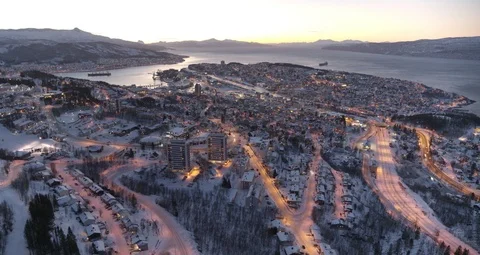 Aerial drone view over Narvik in winter at night 動画素材 111351863