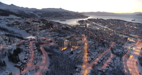 Aerial drone view over Narvik in winter at night Vidéo 111351867