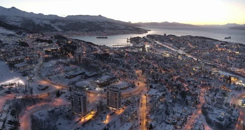 Aerial drone view over Narvik in winter at night 動画素材 111351872