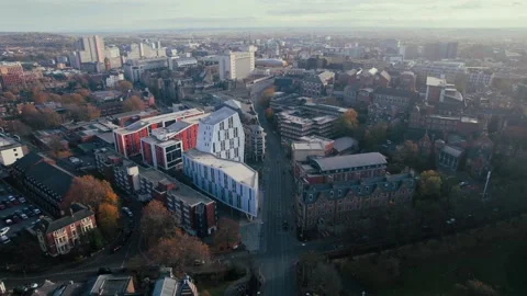 Aerial drone view over Nottingham Town city centre, Trent University, Arboretum, Video stock 192996345