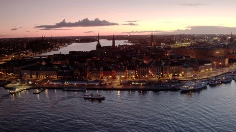 Aerial drone view over Old Town in Stockholm at night Stock Footage 109500951