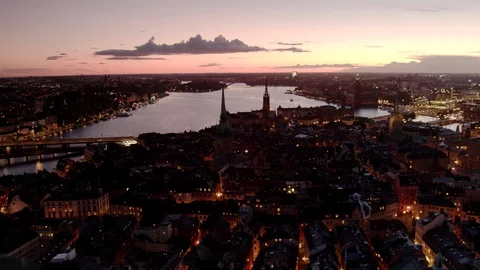 Aerial drone view over Old Town in Stockholm at night Stock-Footage 109501338