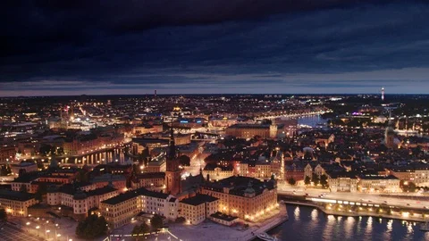 Aerial drone view over Old town in Stockholm at night Vídeo Stock 109519138
