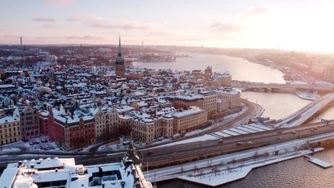 Aerial drone view over Old Town in Stockholm in winter at sunset Vídeo Stock 109527196