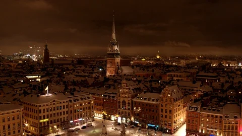 Aerial drone view over Old Town in Stockholm in winter at night Stock-Footage 109527716