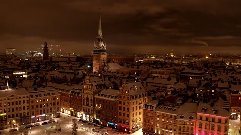 Aerial drone view over Old town in Stockholm in winter at night Stock Footage 109532446