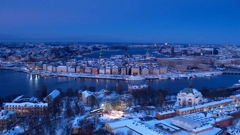 Aerial drone view over Old Town in Stockholm in winter at night Stock Footage 109532706