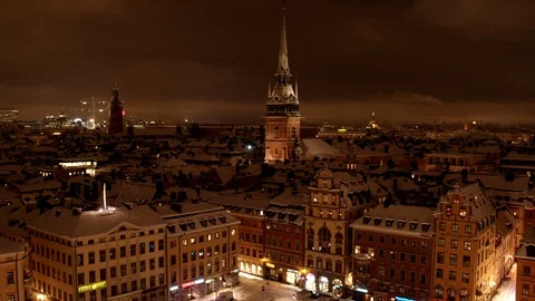 Aerial drone view over Old Town in Stockholm in winter at night Stock-Footage 109533151