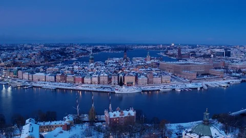 Aerial drone view over Old town in Stockholm in winter at night Stock-Footage 109534322