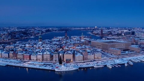 Aerial drone view over Old Town in Stockholm in winter at night Stock-Footage 109534530