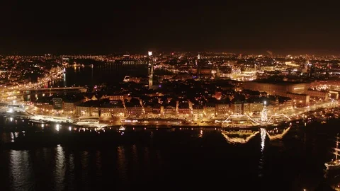 Aerial drone view over Old town in Stockholm at night Vídeo Stock 109543145