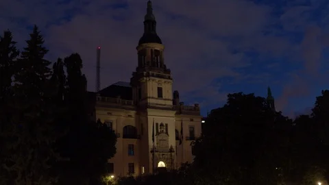 Aerial drone view over Old police station in Stockholm at night Видео 109767404