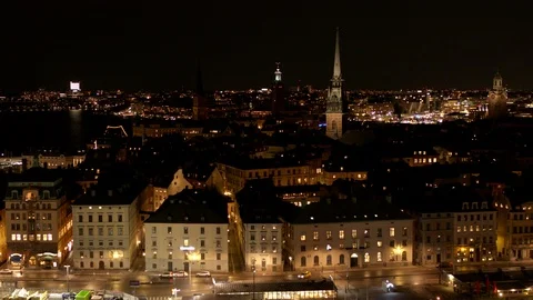 Aerial drone view over Old Town in Stockholm at night Vídeo Stock 111348934