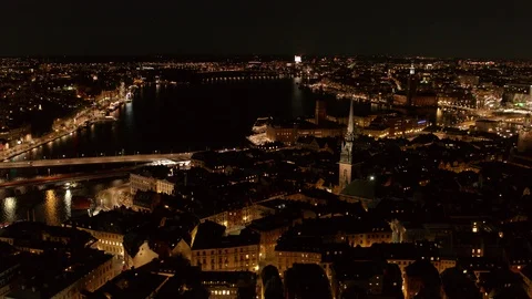 Aerial drone view over Old Town in Stockholm at night Vídeo Stock 111349454