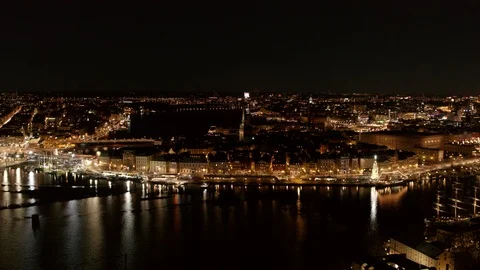 Aerial drone view over Old Town in Stockholm at night 動画素材 111350272