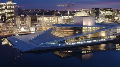 Aerial drone view over Opera house in Oslo at night Stock-Footage 109536147
