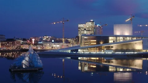 Aerial drone view over Opera house in Oslo at night Stock Footage 109537241