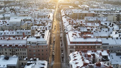 Aerial drone view over Östermalm in Stockholm in winter at sunset Vídeo Stock 110047516