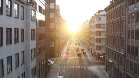 Aerial drone view over Östermalm in Stockholm in winter at sunset Vídeo Stock 111352402