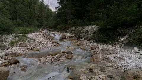 Aerial Drone view over river with Dolomites Italian Alps and furchetta mountain Stock Footage 88350134