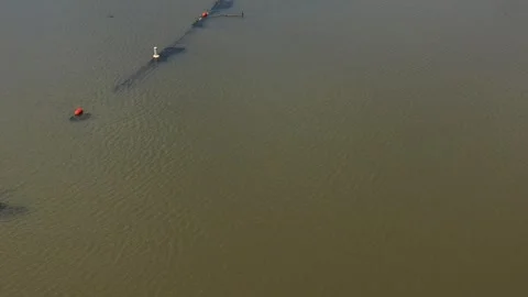 Aerial drone view over river water with navigation buoys Video stock 326145988