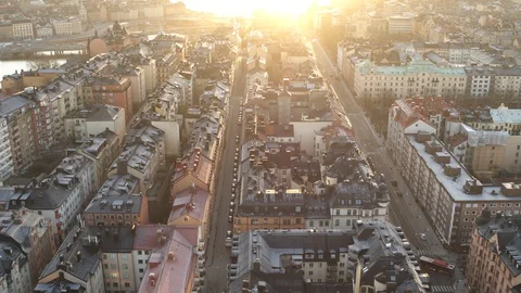 Aerial drone view over Rooftops in Stockholm at sunset 動画素材 110099874