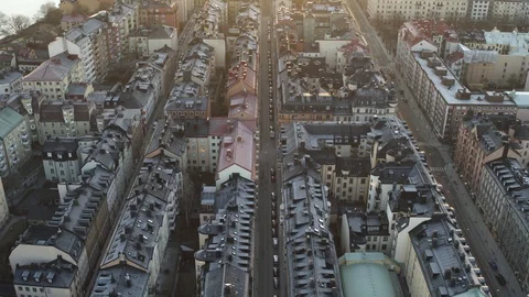 Aerial drone view over Rooftops in Stockholm at sunset 動画素材 111353038