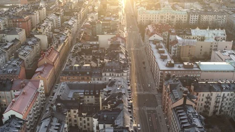Aerial drone view over Rooftops in Stockholm at sunset Stock-Footage 111353051