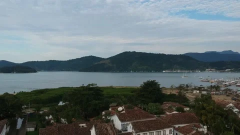 Aerial drone view over seaside little town Stock Footage 134049095