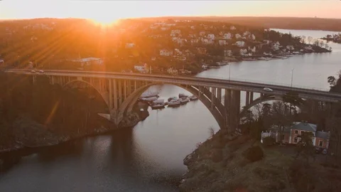 Aerial drone view over Skuru bridge in Stockholm at sunset Stock Footage 109483611