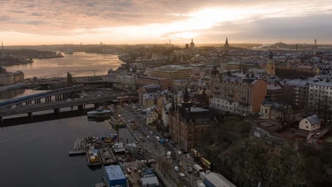 Aerial drone view over Söder in Stockholm at sunset Vídeo Stock 109434575