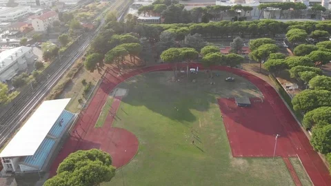 Aerial drone view over a stadium with pines around Stock Footage 114770293